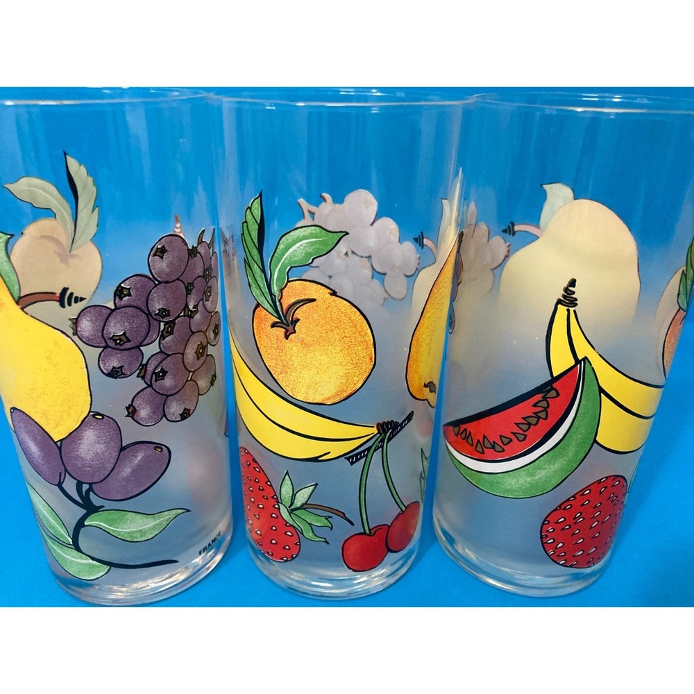 Vintage Luminarc France Frosted Mix Fruit Design Juice Glasses Set of 3 MCM